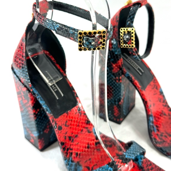 VERSACE Medusa Red Blue Embossed Snakeskin Leather Heel Sandals Wedge 38 8US - Picture 6 of 13